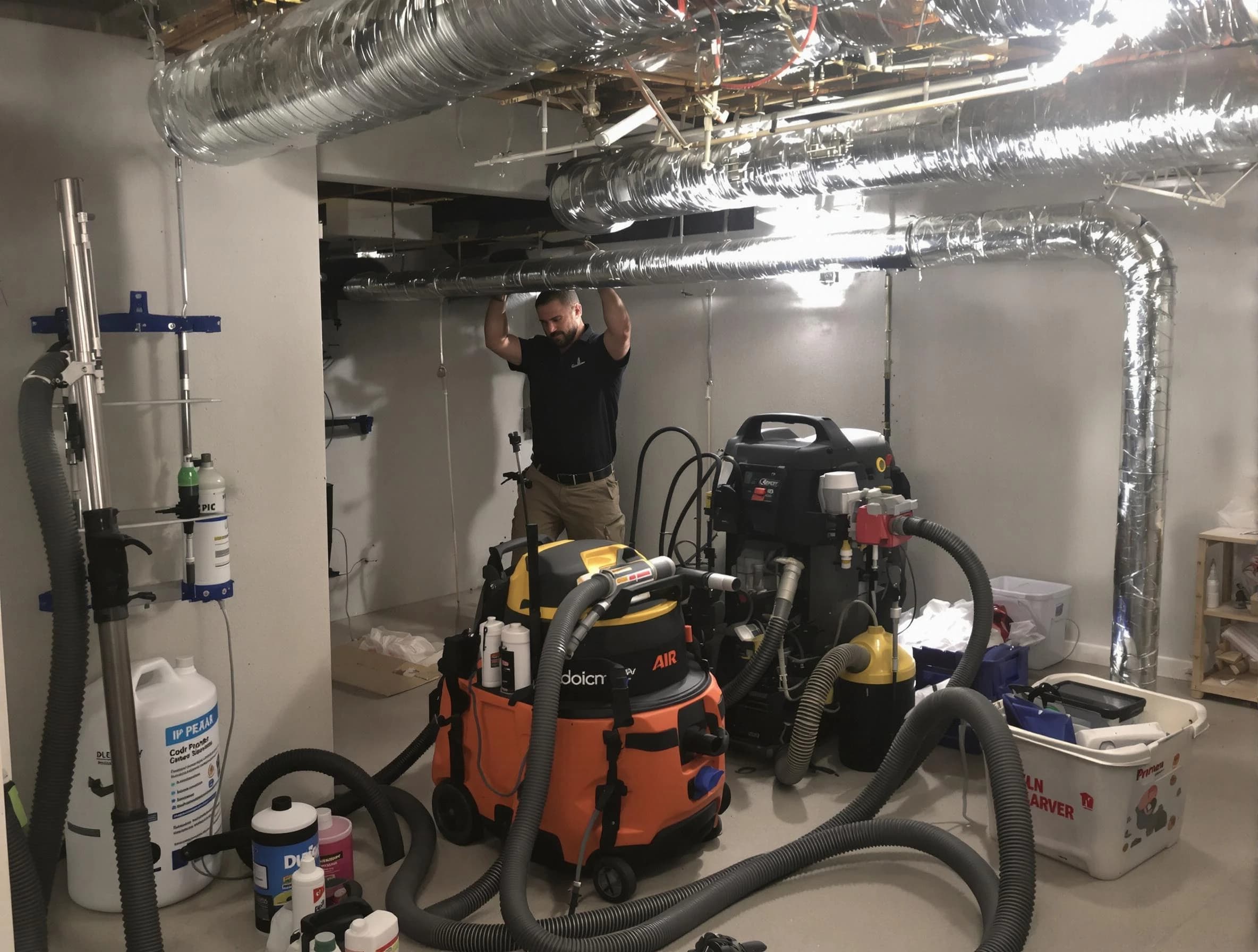 Scott Air Duct Cleaning specialist performing professional mold removal from air ducts using safety equipment in Scott