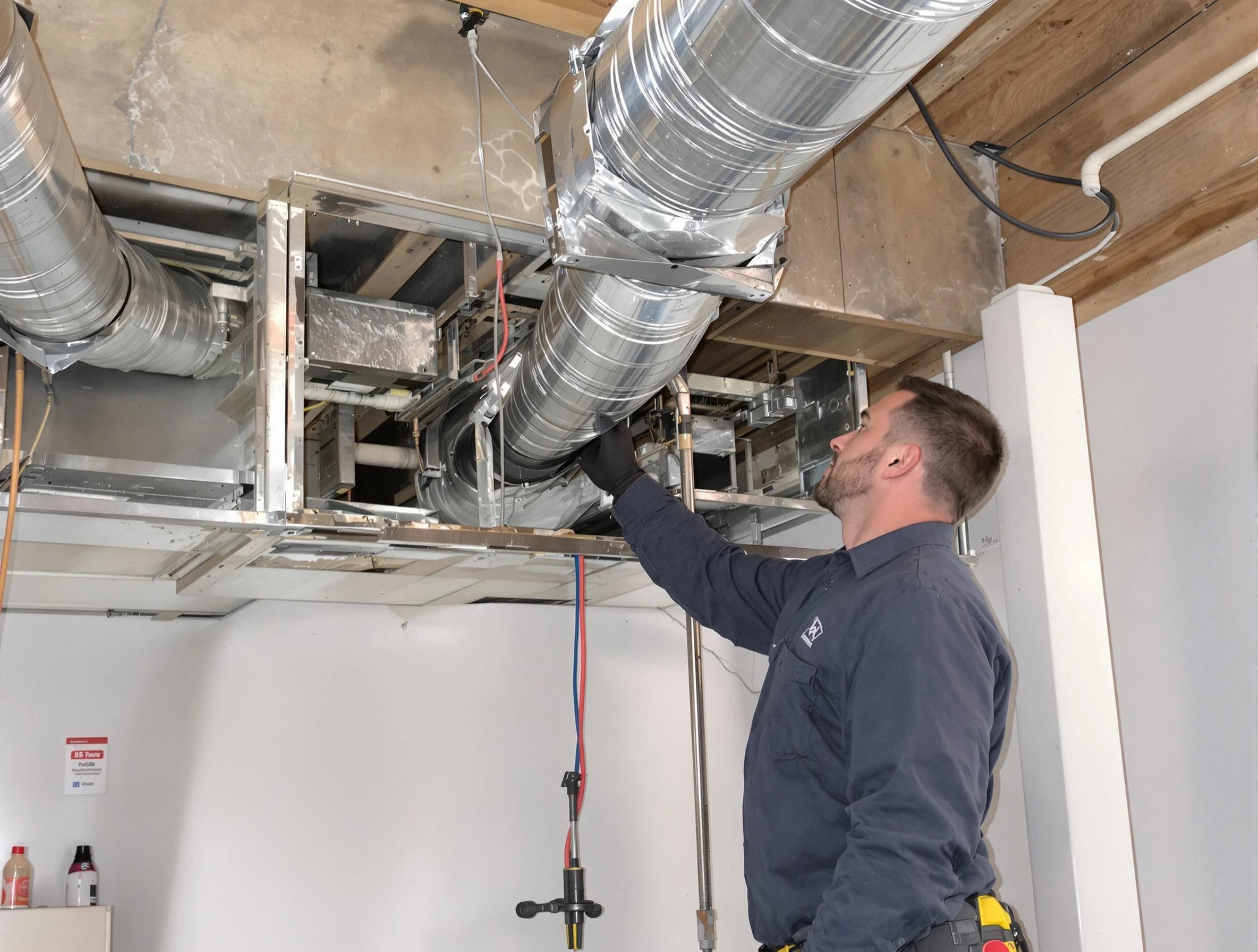Scott Air Duct Cleaning technician performing professional air duct repair using specialized tools in Scott