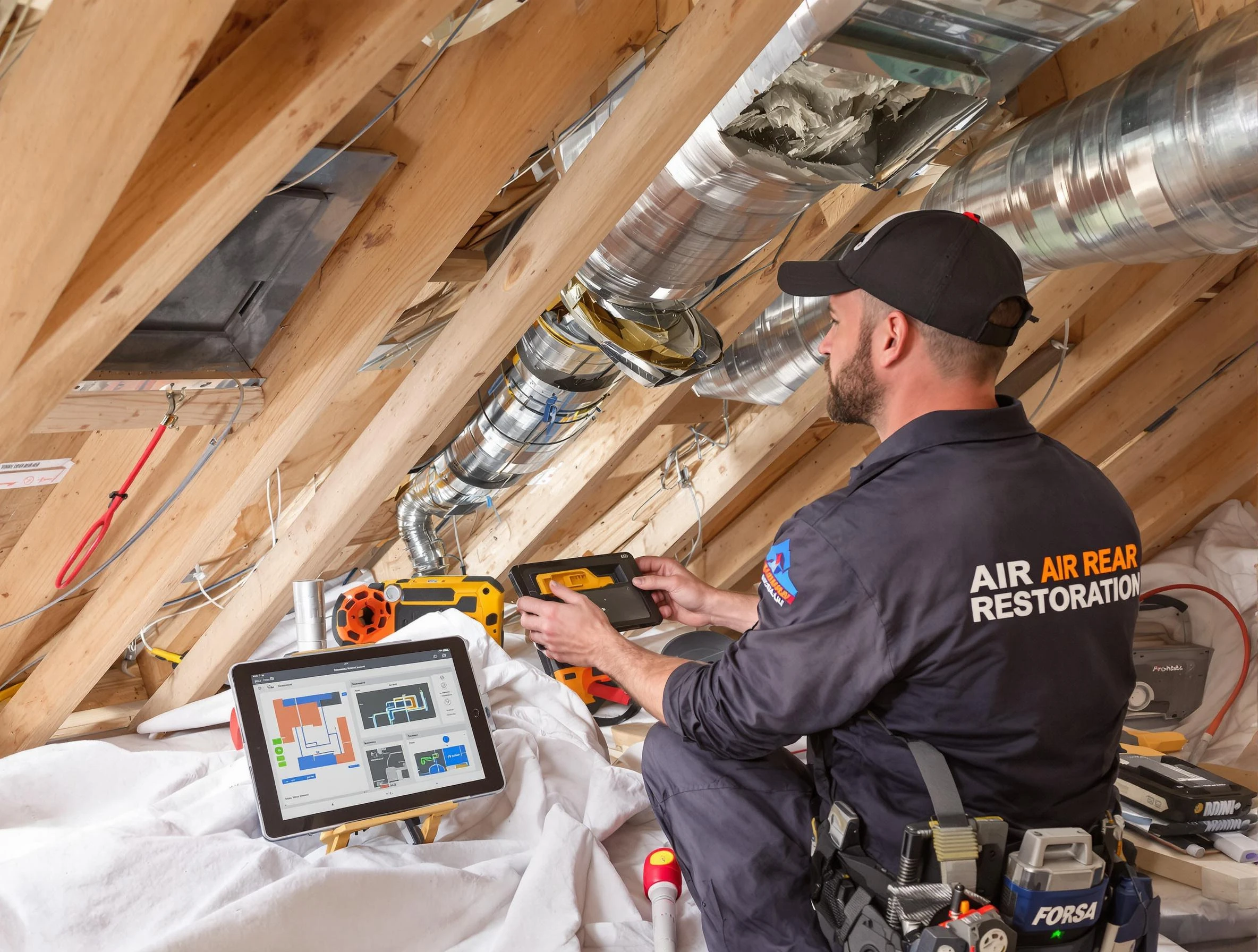 Scott Air Duct Cleaning technician performing precise duct repair work in Scott