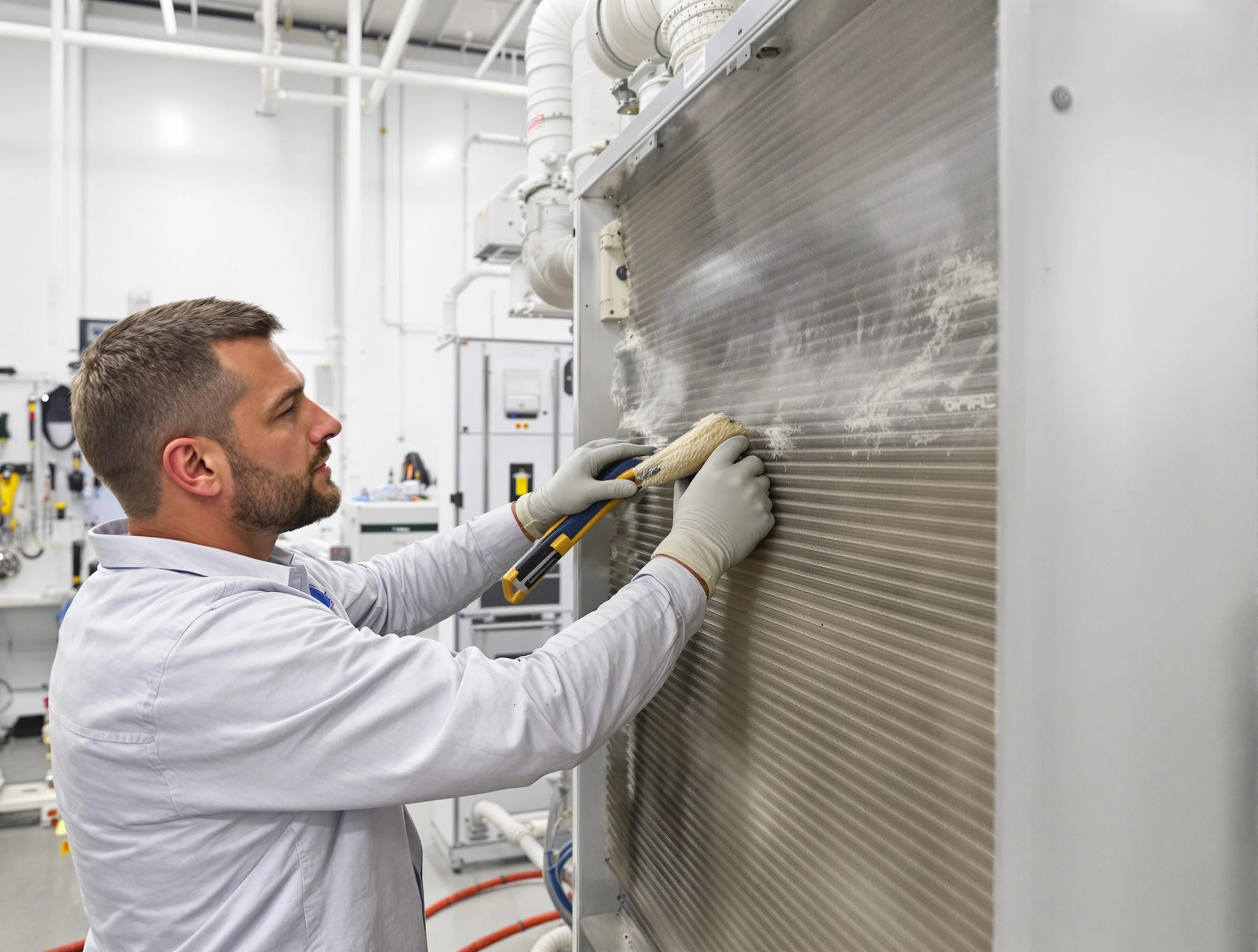 Scott Air Duct Cleaning technician performing precision commercial coil cleaning at a Scott business