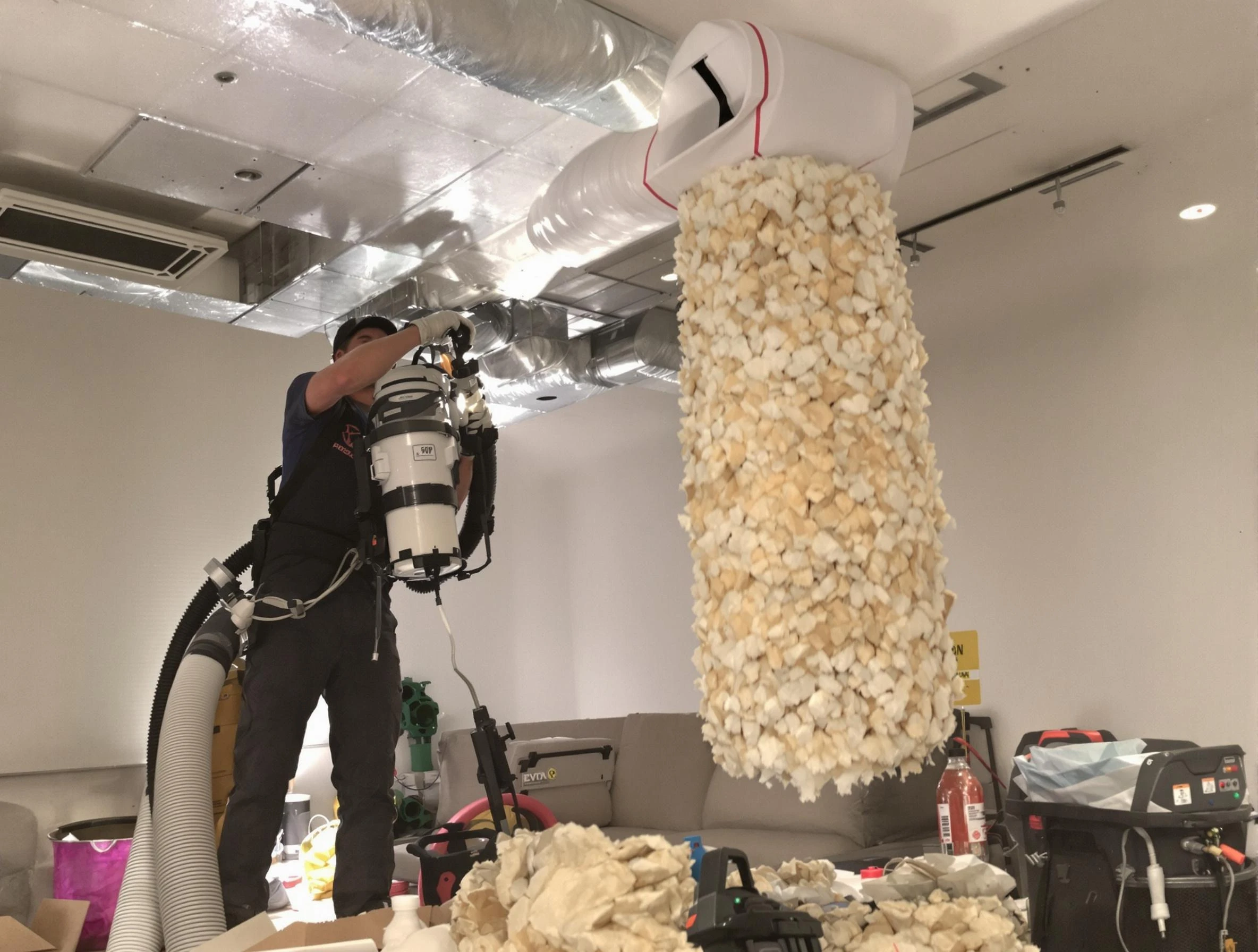 Scott Air Duct Cleaning technician performing precision vacuum insulation removal in a residential property in Scott